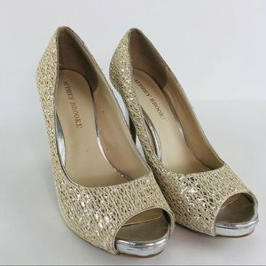 Silver and gold metallic open toe heels